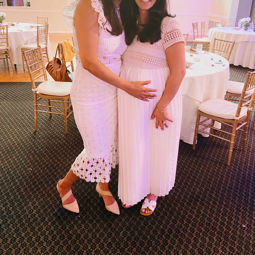 White maxi maternity dress - lace & pleat
